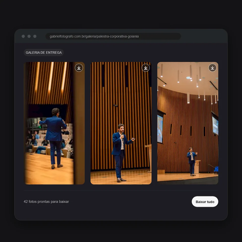 Mockup da galeria online de entrega final, com fotos já aprovadas e prontas para baixar