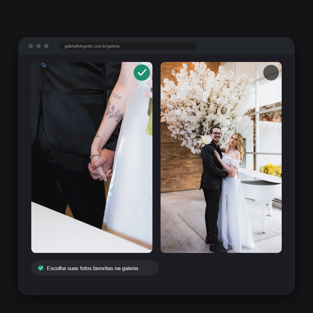 Interface da galeria de seleção de fotos online, com fotos de casamento e ícones de check para marcar as favoritas