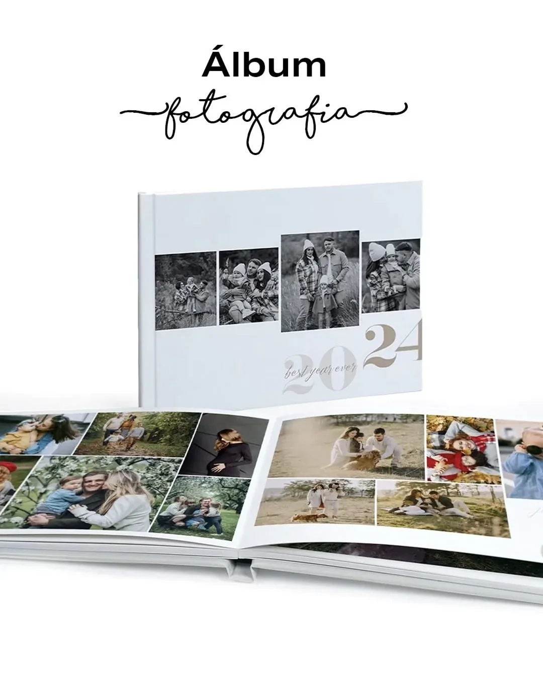 Álbum fotográfico aberto mostrando as páginas com fotos do evento